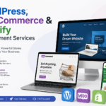 Modern marketing banner showcasing WordPress, WooCommerce, and Shopify development services with responsive website mockups on desktop, laptop, and mobile devices.