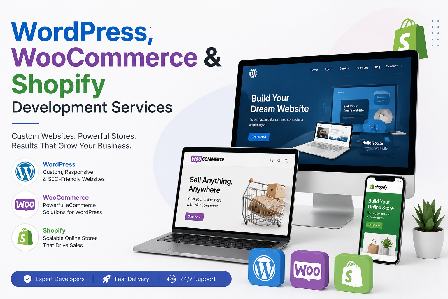 Modern marketing banner showcasing WordPress, WooCommerce, and Shopify development services with responsive website mockups on desktop, laptop, and mobile devices.