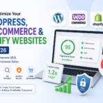 Illustration showing WordPress, WooCommerce, and Shopify website optimization with speed, mobile responsiveness, and SEO improvements for 2026.