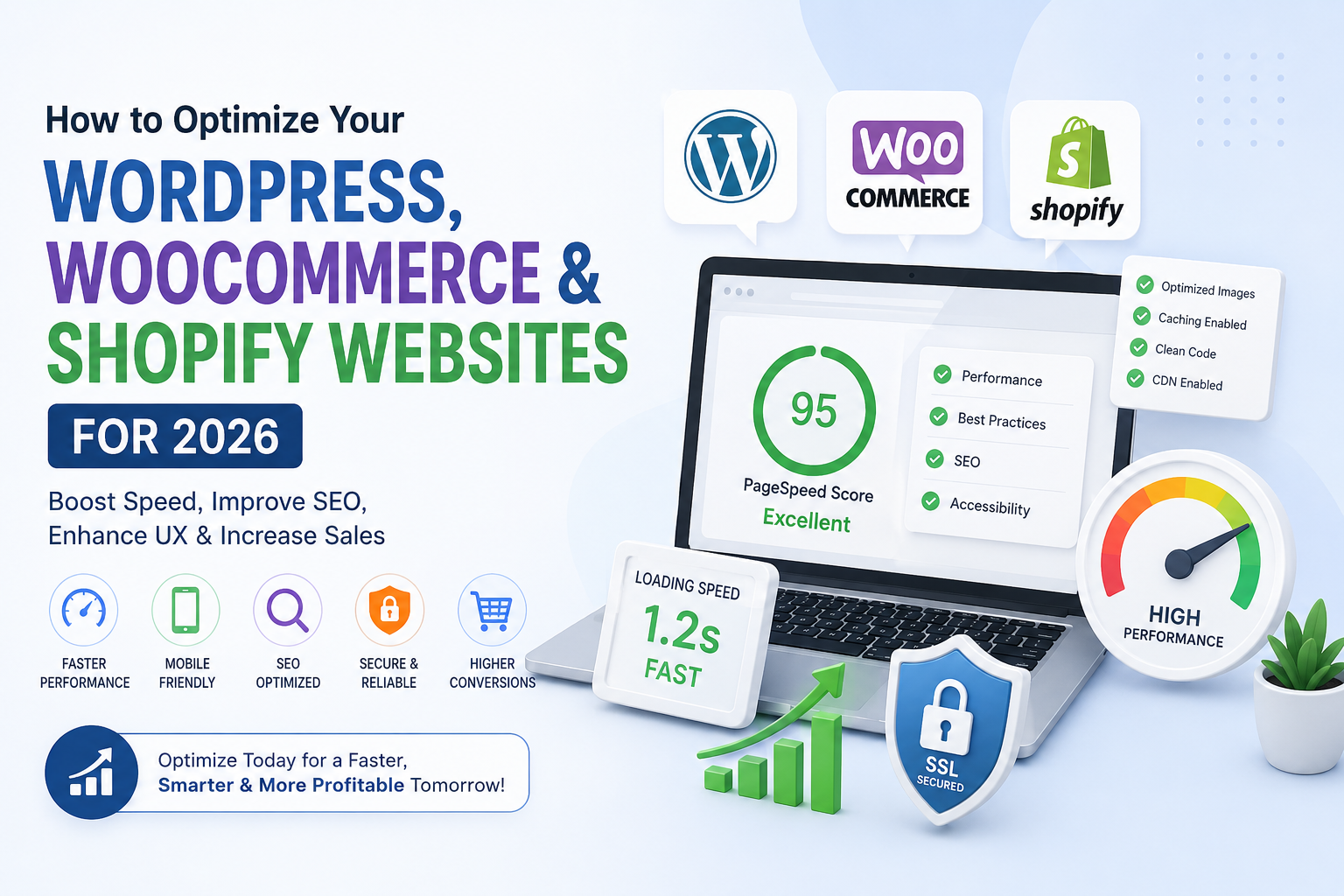 Illustration showing WordPress, WooCommerce, and Shopify website optimization with speed, mobile responsiveness, and SEO improvements for 2026.