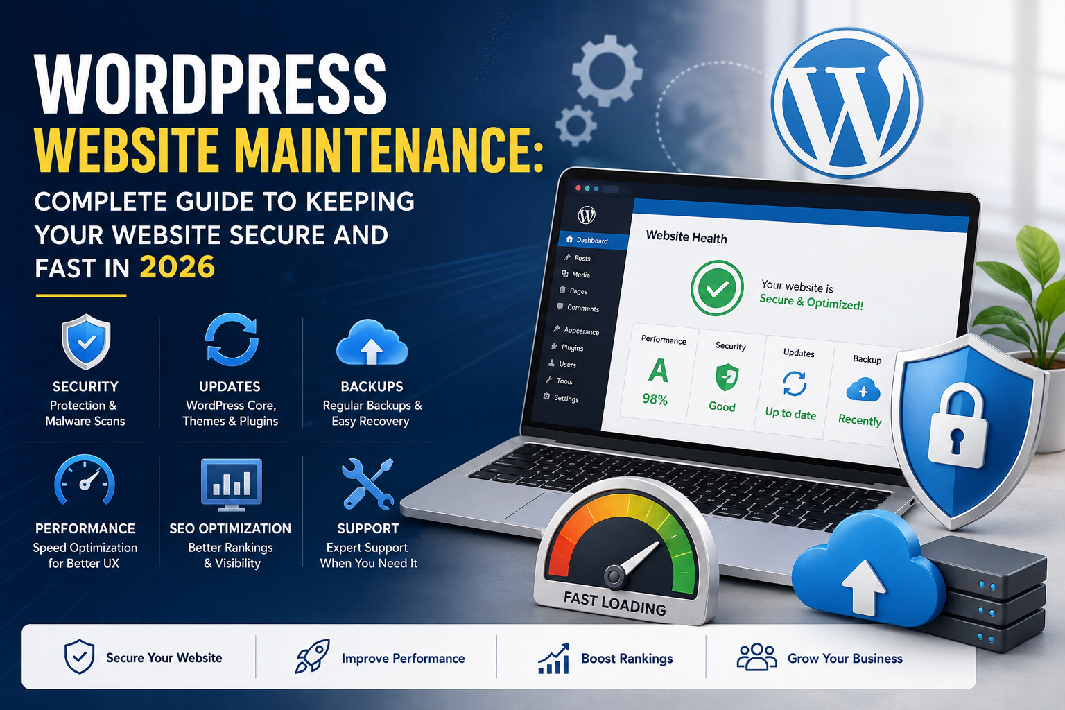 WordPress Website Maintenance services showing website security, backups, updates, speed optimization, and performance improvements in 2026
